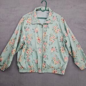 Vintage Silk Floral Bomber Jacket Mint Green Lightweight Zip Up Women’s L